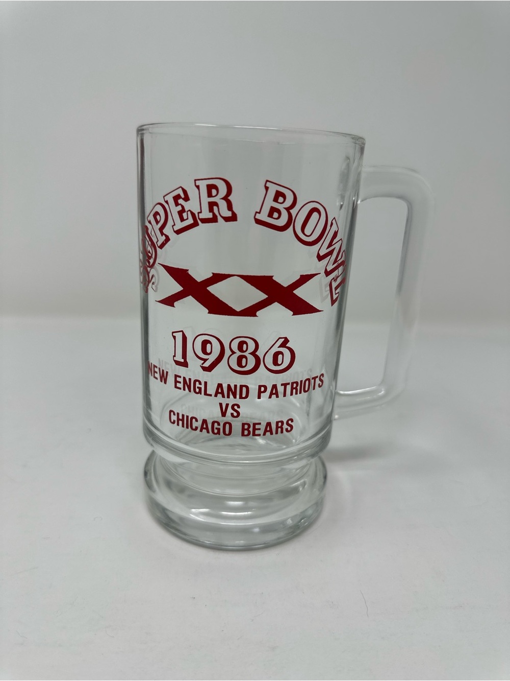New England Patriots Super Bowl 1986 Glass Mug Vintage